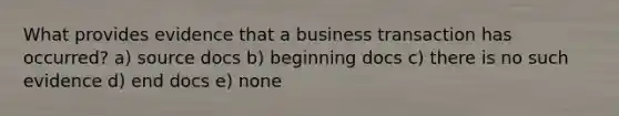 What provides evidence that a business transaction has occurred? a) source docs b) beginning docs c) there is no such evidence d) end docs e) none