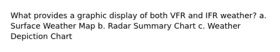 What provides a graphic display of both VFR and IFR weather? a. Surface Weather Map b. Radar Summary Chart c. Weather Depiction Chart
