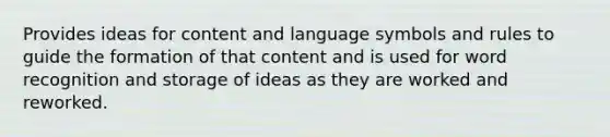 Provides ideas for content and language symbols and rules to guide the formation of that content and is used for word recognition and storage of ideas as they are worked and reworked.