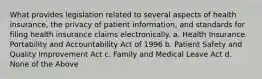 What provides legislation related to several aspects of health insurance, the privacy of patient information, and standards for filing health insurance claims electronically. a. Health Insurance Portability and Accountability Act of 1996 b. Patient Safety and Quality Improvement Act c. Family and Medical Leave Act d. None of the Above