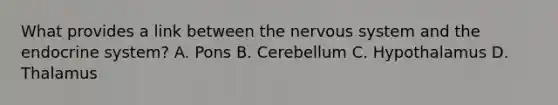 What provides a link between the nervous system and the endocrine system? A. Pons B. Cerebellum C. Hypothalamus D. Thalamus