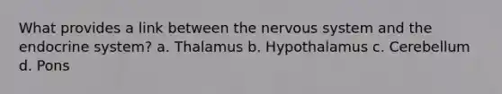 What provides a link between the nervous system and the endocrine system? a. Thalamus b. Hypothalamus c. Cerebellum d. Pons