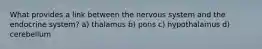 What provides a link between the nervous system and the endocrine system? a) thalamus b) pons c) hypothalamus d) cerebellum