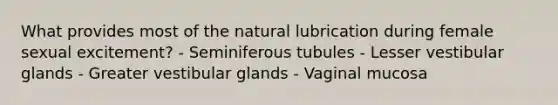 What provides most of the natural lubrication during female sexual excitement? - Seminiferous tubules - Lesser vestibular glands - Greater vestibular glands - Vaginal mucosa