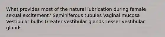 What provides most of the natural lubrication during female sexual excitement? Seminiferous tubules Vaginal mucosa Vestibular bulbs Greater vestibular glands Lesser vestibular glands