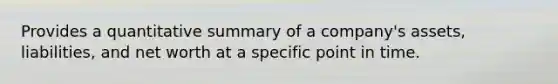 Provides a quantitative summary of a company's assets, liabilities, and net worth at a specific point in time.