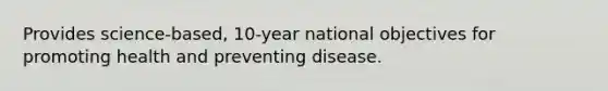 Provides science-based, 10-year national objectives for promoting health and preventing disease.