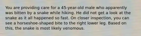 You are providing care for a 45-year-old male who apparently was bitten by a snake while hiking. He did not get a look at the snake as it all happened so fast. On closer inspection, you can see a horseshoe-shaped bite to the right lower leg. Based on this, the snake is most likely venomous.