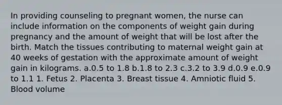 In providing counseling to pregnant women, the nurse can include information on the components of weight gain during pregnancy and the amount of weight that will be lost after the birth. Match the tissues contributing to maternal weight gain at 40 weeks of gestation with the approximate amount of weight gain in kilograms. a.0.5 to 1.8 b.1.8 to 2.3 c.3.2 to 3.9 d.0.9 e.0.9 to 1.1 1. Fetus 2. Placenta 3. Breast tissue 4. Amniotic fluid 5. Blood volume