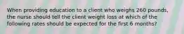 When providing education to a client who weighs 260 pounds, the nurse should tell the client weight loss at which of the following rates should be expected for the first 6 months?