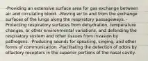 -Providing an extensive surface area for gas exchange between air and circulating blood. -Moving air to and from the exchange surfaces of the lungs along the respiratory passageways. -Protecting respiratory surfaces from dehydration, temperature changes, or other environmental variations, and defending the respiratory system and other tissues from invasion by pathogens. -Producing sounds for speaking, singing, and other forms of communication. -Facilitating the detection of odors by olfactory receptors in the superior portions of the nasal cavity.