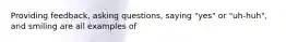 Providing feedback, asking questions, saying "yes" or "uh-huh", and smiling are all examples of