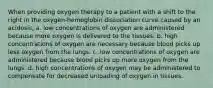 When providing oxygen therapy to a patient with a shift to the right in the oxygen-hemoglobin dissociation curve caused by an acidosis, a. low concentrations of oxygen are administered because more oxygen is delivered to the tissues. b. high concentrations of oxygen are necessary because blood picks up less oxygen from the lungs. c. low concentrations of oxygen are administered because blood picks up more oxygen from the lungs. d. high concentrations of oxygen may be administered to compensate for decreased unloading of oxygen in tissues.