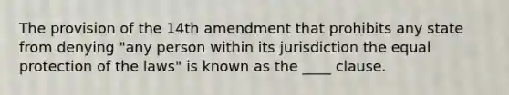 The provision of the 14th amendment that prohibits any state from denying "any person within its jurisdiction the equal protection of the laws" is known as the ____ clause.