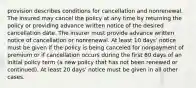 provision describes conditions for cancellation and nonrenewal. The insured may cancel the policy at any time by returning the policy or providing advance written notice of the desired cancellation date. The insurer must provide advance written notice of cancellation or nonrenewal. At least 10 days' notice must be given if the policy is being canceled for nonpayment of premium or if cancellation occurs during the first 60 days of an initial policy term (a new policy that has not been renewed or continued). At least 20 days' notice must be given in all other cases.