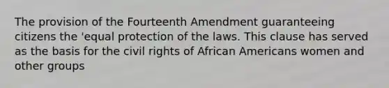 The provision of the Fourteenth Amendment guaranteeing citizens the 'equal protection of the laws. This clause has served as the basis for the civil rights of African Americans women and other groups