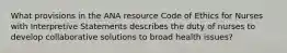 What provisions in the ANA resource Code of Ethics for Nurses with Interpretive Statements describes the duty of nurses to develop collaborative solutions to broad health issues?