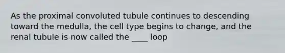 As the proximal convoluted tubule continues to descending toward the medulla, the cell type begins to change, and the renal tubule is now called the ____ loop