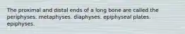 The proximal and distal ends of a long bone are called the periphyses. metaphyses. diaphyses. epiphyseal plates. epiphyses.