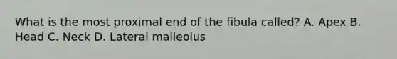 What is the most proximal end of the fibula called? A. Apex B. Head C. Neck D. Lateral malleolus