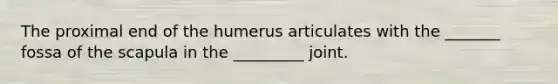 The proximal end of the humerus articulates with the _______ fossa of the scapula in the _________ joint.