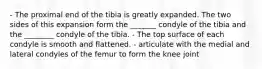 - The proximal end of the tibia is greatly expanded. The two sides of this expansion form the _______ condyle of the tibia and the ________ condyle of the tibia. - The top surface of each condyle is smooth and flattened. - articulate with the medial and lateral condyles of the femur to form the knee joint