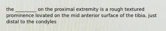 the _________ on the proximal extremity is a rough textured prominence lovated on the mid anterior surface of the tibia, just distal to the condyles