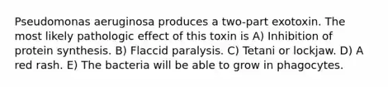 Pseudomonas aeruginosa produces a two-part exotoxin. The most likely pathologic effect of this toxin is A) Inhibition of protein synthesis. B) Flaccid paralysis. C) Tetani or lockjaw. D) A red rash. E) The bacteria will be able to grow in phagocytes.