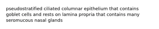 pseudostratified ciliated columnar epithelium that contains goblet cells and rests on lamina propria that contains many seromucous nasal glands