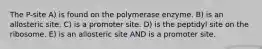 The P-site A) is found on the polymerase enzyme. B) is an allosteric site. C) is a promoter site. D) is the peptidyl site on the ribosome. E) is an allosteric site AND is a promoter site.