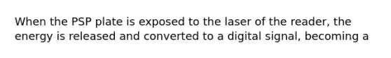When the PSP plate is exposed to the laser of the reader, the energy is released and converted to a digital signal, becoming a