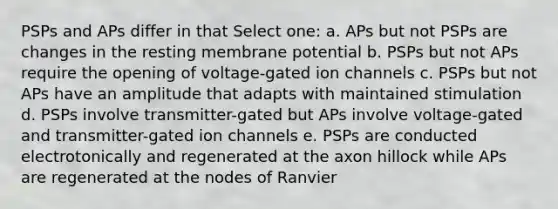 PSPs and APs differ in that Select one: a. APs but not PSPs are changes in the resting membrane potential b. PSPs but not APs require the opening of voltage-gated ion channels c. PSPs but not APs have an amplitude that adapts with maintained stimulation d. PSPs involve transmitter-gated but APs involve voltage-gated and transmitter-gated ion channels e. PSPs are conducted electrotonically and regenerated at the axon hillock while APs are regenerated at the nodes of Ranvier