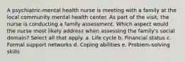 A psychiatric-mental health nurse is meeting with a family at the local community mental health center. As part of the visit, the nurse is conducting a family assessment. Which aspect would the nurse most likely address when assessing the family's social domain? Select all that apply. a. Life cycle b. Financial status c. Formal support networks d. Coping abilities e. Problem-solving skills