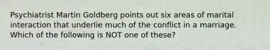 Psychiatrist Martin Goldberg points out six areas of marital interaction that underlie much of the conflict in a marriage. Which of the following is NOT one of these?