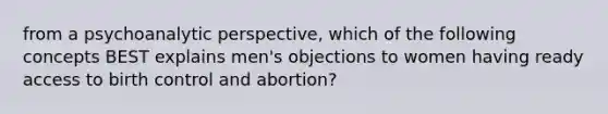 from a psychoanalytic perspective, which of the following concepts BEST explains men's objections to women having ready access to birth control and abortion?