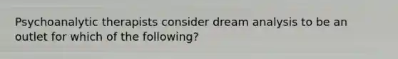 Psychoanalytic therapists consider dream analysis to be an outlet for which of the following?