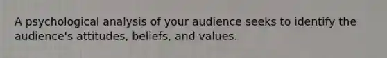 A psychological analysis of your audience seeks to identify the audience's attitudes, beliefs, and values.