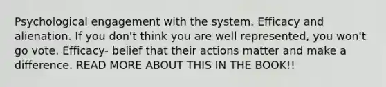 Psychological engagement with the system. Efficacy and alienation. If you don't think you are well represented, you won't go vote. Efficacy- belief that their actions matter and make a difference. READ MORE ABOUT THIS IN THE BOOK!!