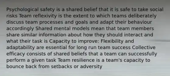 Psychological safety is a shared belief that it is safe to take social risks Team reflexivity is the extent to which teams deliberately discuss team processes and goals and adapt their behaviour accordingly Shared mental models mean that team members share similar information about how they should interact and what their task is Capacity to improve: Flexibility and adaptability are essential for long run team success Collective efficacy consists of shared beliefs that a team can successfully perform a given task Team resilience is a team's capacity to bounce back from setbacks or adversity