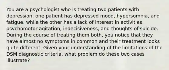 You are a psychologist who is treating two patients with depression: one patient has depressed mood, hypersomnia, and fatigue, while the other has a lack of interest in activities, psychomotor agitation, indecisiveness, and thoughts of suicide. During the course of treating them both, you notice that they have almost no symptoms in common and their treatment looks quite different. Given your understanding of the limitations of the DSM diagnostic criteria, what problem do these two cases illustrate?