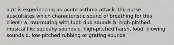 a pt is experiencing an acute asthma attack. the nurse auscultates which characteristic sound of breathing for this client? a. murmuring with lubb dub sounds b. high-pitched musical like squeaky sounds c. high-pitched harsh, loud, blowing sounds d. low-pitched rubbing or grating sounds