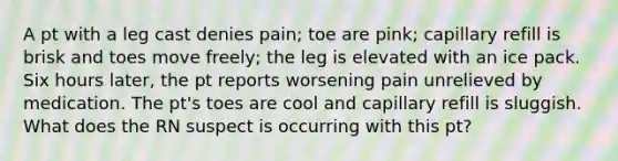 A pt with a leg cast denies pain; toe are pink; capillary refill is brisk and toes move freely; the leg is elevated with an ice pack. Six hours later, the pt reports worsening pain unrelieved by medication. The pt's toes are cool and capillary refill is sluggish. What does the RN suspect is occurring with this pt?