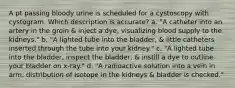 A pt passing bloody urine is scheduled for a cystoscopy with cystogram. Which description is accurate? a. "A catheter into an artery in the groin & inject a dye, visualizing blood supply to the kidneys." b. "A lighted tube into the bladder, & little catheters inserted through the tube into your kidney." c. "A lighted tube into the bladder, inspect the bladder, & instill a dye to outline your bladder on x-ray." d. "A radioactive solution into a vein in arm, distribution of isotope in the kidneys & bladder is checked."