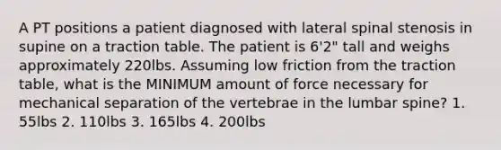 A PT positions a patient diagnosed with lateral spinal stenosis in supine on a traction table. The patient is 6'2" tall and weighs approximately 220lbs. Assuming low friction from the traction table, what is the MINIMUM amount of force necessary for mechanical separation of the vertebrae in the lumbar spine? 1. 55lbs 2. 110lbs 3. 165lbs 4. 200lbs