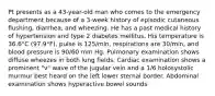 Pt presents as a 43-year-old man who comes to the emergency department because of a 3-week history of episodic cutaneous flushing, diarrhea, and wheezing. He has a past medical history of hypertension and type 2 diabetes mellitus. His temperature is 36.6°C (97.9°F), pulse is 125/min, respirations are 30/min, and blood pressure is 90/60 mm Hg. Pulmonary examination shows diffuse wheezes in both lung fields. Cardiac examination shows a prominent "v" wave of the jugular vein and a 1/6 holosystolic murmur best heard on the left lower sternal border. Abdominal examination shows hyperactive bowel sounds