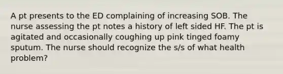 A pt presents to the ED complaining of increasing SOB. The nurse assessing the pt notes a history of left sided HF. The pt is agitated and occasionally coughing up pink tinged foamy sputum. The nurse should recognize the s/s of what health problem?