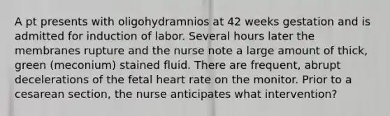 A pt presents with oligohydramnios at 42 weeks gestation and is admitted for induction of labor. Several hours later the membranes rupture and the nurse note a large amount of thick, green (meconium) stained fluid. There are frequent, abrupt decelerations of the fetal heart rate on the monitor. Prior to a cesarean section, the nurse anticipates what intervention?