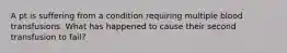 A pt is suffering from a condition requiring multiple blood transfusions. What has happened to cause their second transfusion to fail?