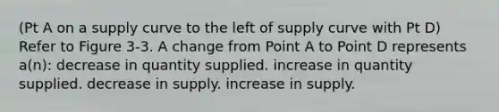 (Pt A on a supply curve to the left of supply curve with Pt D) Refer to Figure 3-3. A change from Point A to Point D represents a(n): decrease in quantity supplied. increase in quantity supplied. decrease in supply. increase in supply.