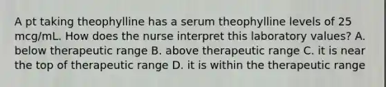 A pt taking theophylline has a serum theophylline levels of 25 mcg/mL. How does the nurse interpret this laboratory values? A. below therapeutic range B. above therapeutic range C. it is near the top of therapeutic range D. it is within the therapeutic range